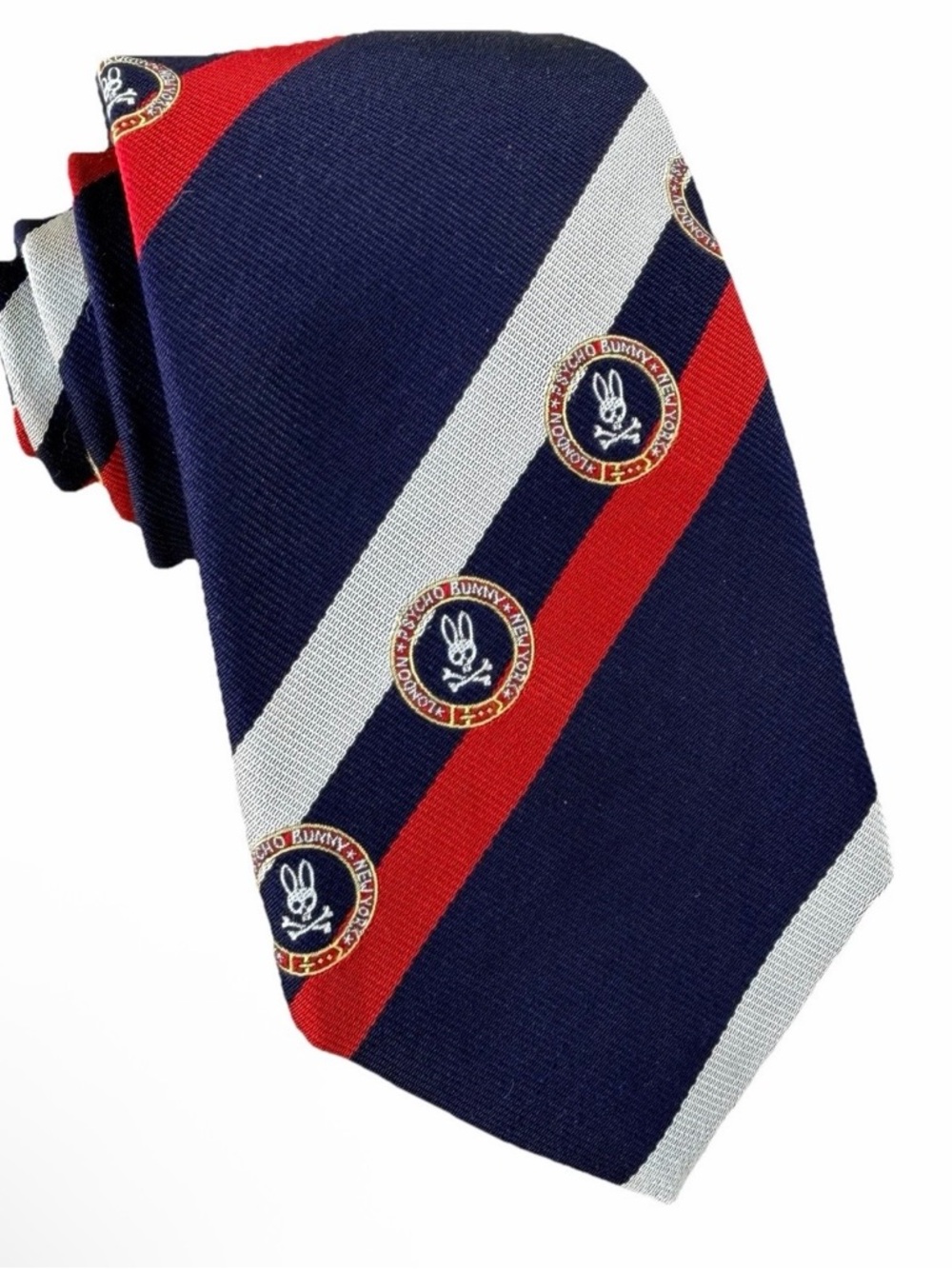 RARE Psycho Bunny Red White Blue Striped Silk Tie Bunny Logo USA